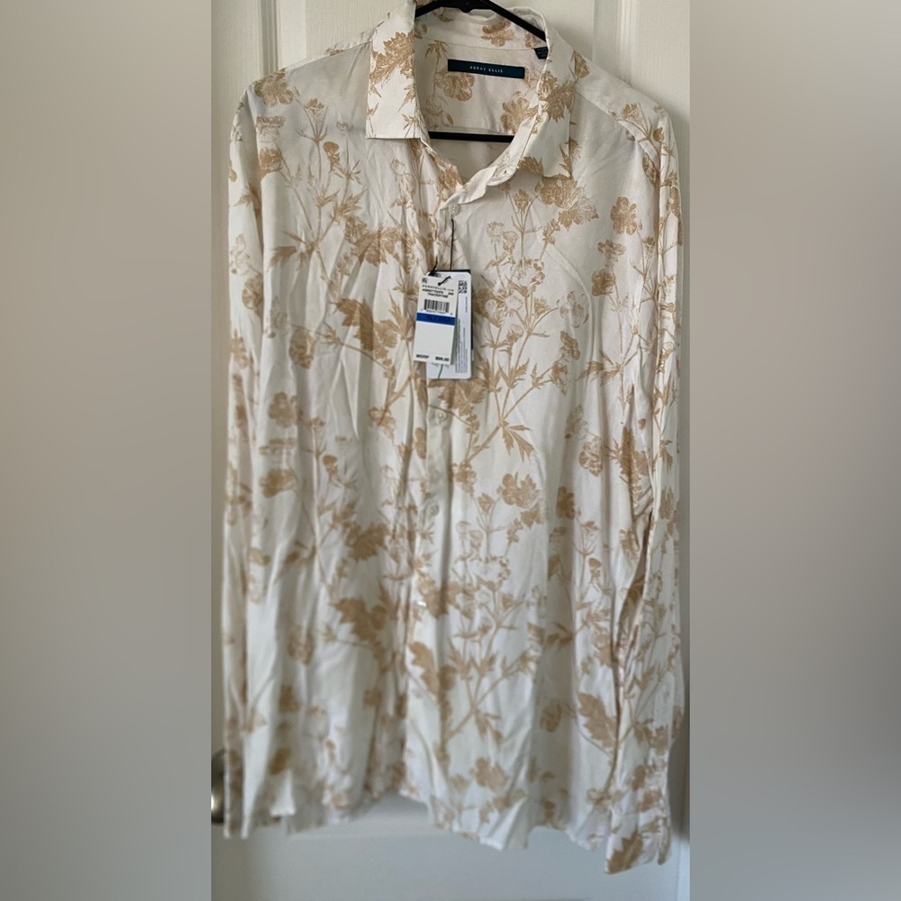 Floral Beige Men's Perry Ellis Shirt Size-XLT